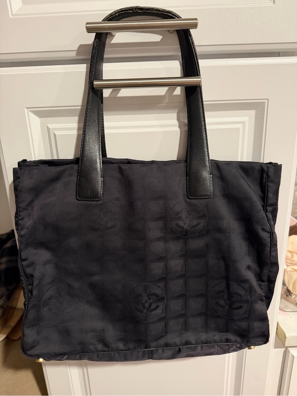 CHANEL Black Logo Jacquard Tote with Leather Handles